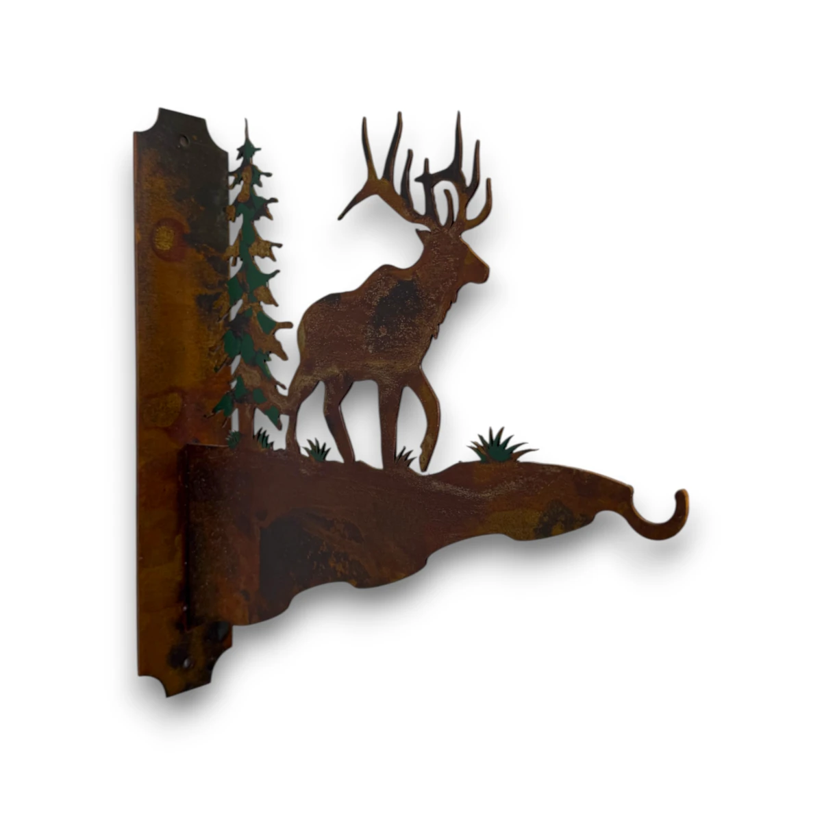 metal-wall-art-design-1137-feed-hanger-elk Hand-painted elk metal feeder hanger with pine tree, rustic weathered finish, and mountain cabin outdoor garden decor style.