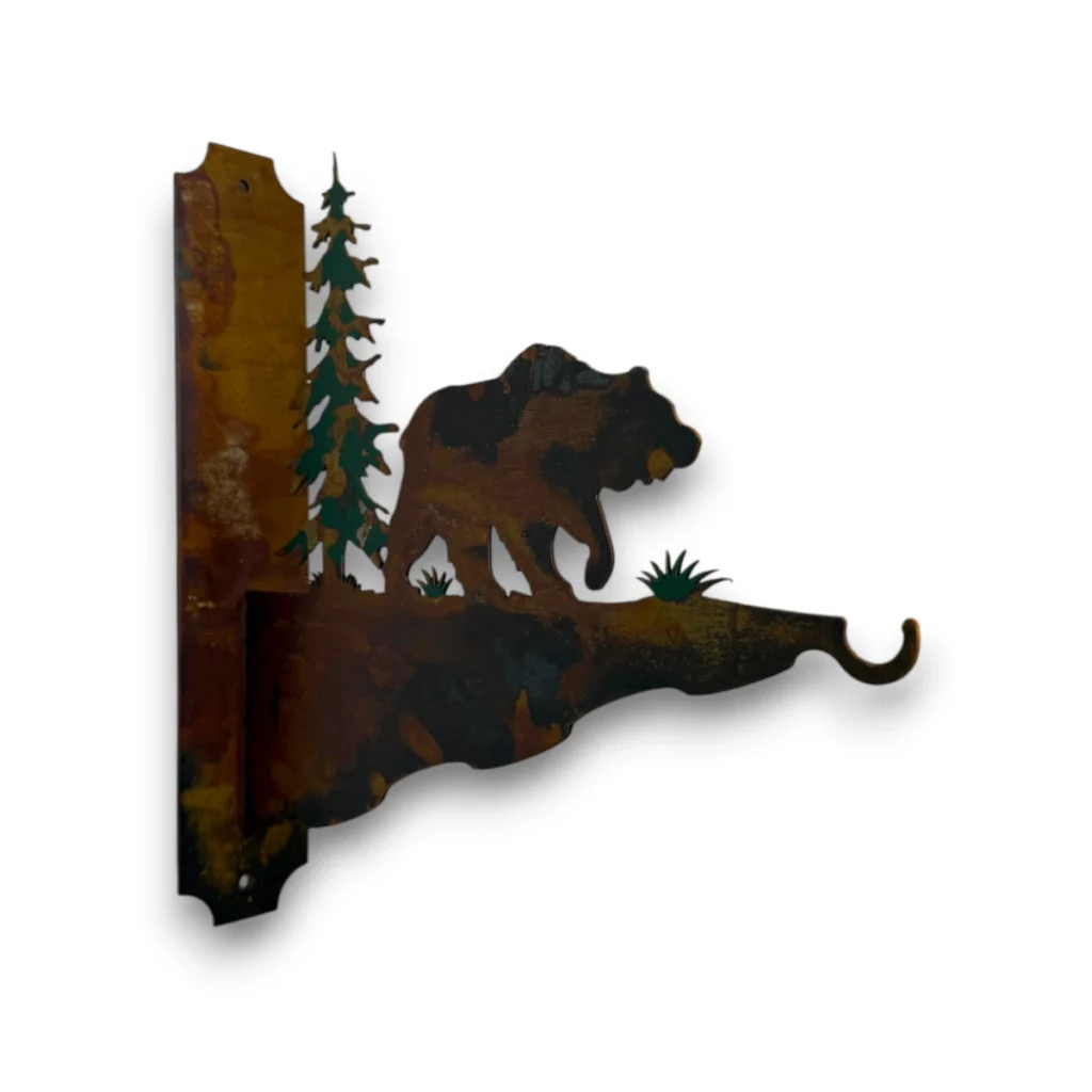 Hand-painted bear metal feeder hanger with pine tree, rustic weathered finish, and cabin garden outdoor decor style.
