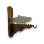 Hand-painted trout metal feeder hanger with rustic weathered finish and fishing cabin outdoor garden decor style.