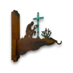 Hand-painted praying cowboy metal feeder hanger with turquoise cross, cactus detail, rustic finish, and faith-inspired western outdoor decor.