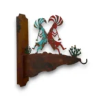 Hand-painted Kokopelli metal feeder hanger with red and turquoise accents, cactus details, rustic finish, and Southwestern outdoor decor style.