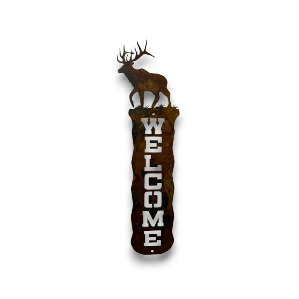 Hand-painted vertical metal welcome sign with bull elk, rustic weathered finish, and western cabin lodge decor style.