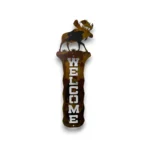 Hand-painted vertical metal welcome sign with moose, rustic weathered finish, and northern lodge cabin wildlife decor style.