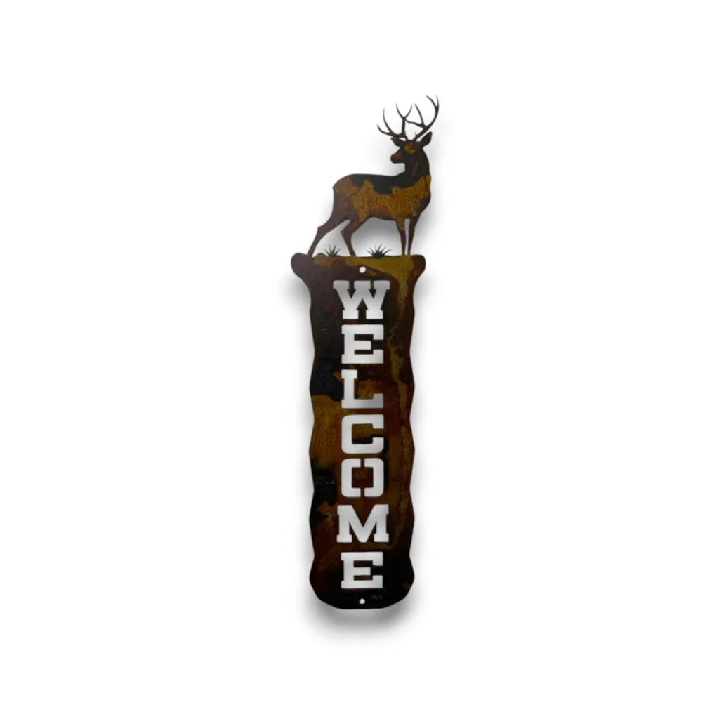 Hand-painted vertical metal welcome sign with mule deer, rustic weathered finish, and western cabin lodge decor style.