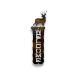 Hand-painted vertical metal welcome sign with mule deer, rustic weathered finish, and western cabin lodge decor style.