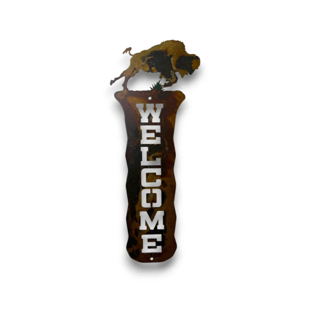 Hand-painted vertical metal welcome sign with bison, rustic weathered finish, and western prairie cabin decor style.