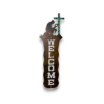 Hand-painted vertical metal welcome sign with praying cowboy, cross, rustic weathered finish, and western faith-inspired decor.
