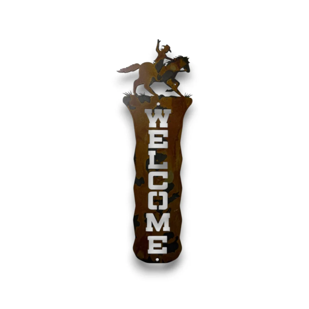 Hand-painted vertical metal welcome sign with riding cowboy, rustic weathered finish, and western ranch decor style.