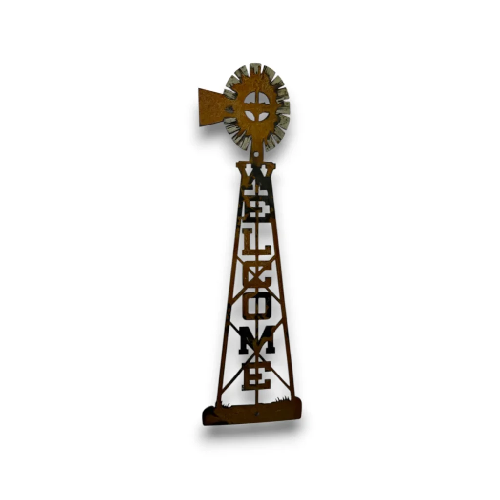 Hand-painted vertical metal welcome sign with windmill, rustic weathered finish, and western farmhouse ranch decor style.
