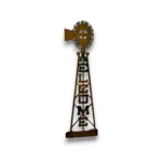 Hand-painted vertical metal welcome sign with windmill, rustic weathered finish, and western farmhouse ranch decor style.