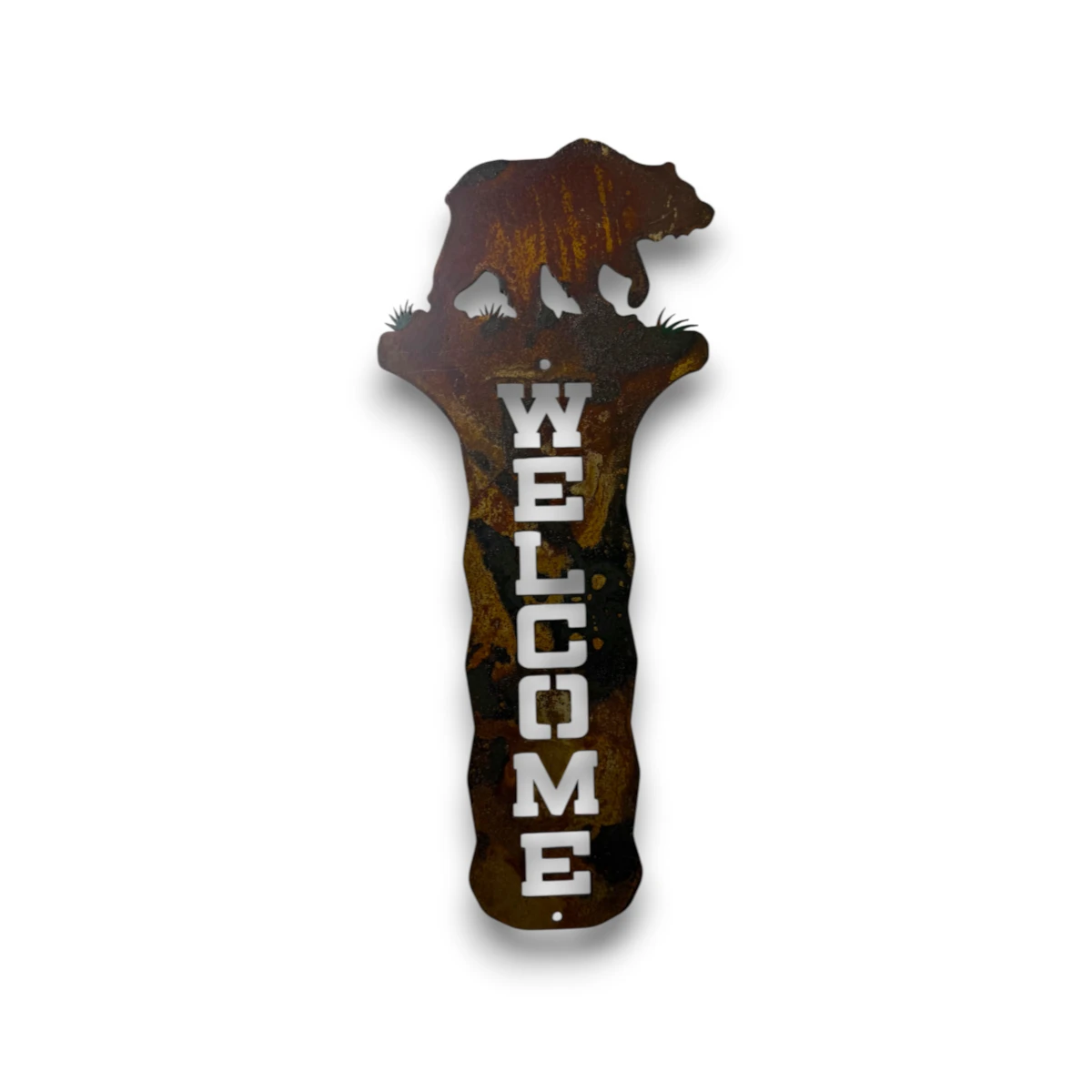 metal-wall-art-design-1259-vertical-welcome-grizzly-bear Hand-painted vertical metal welcome sign with grizzly bear, rustic weathered finish, and mountain cabin wilderness decor style.