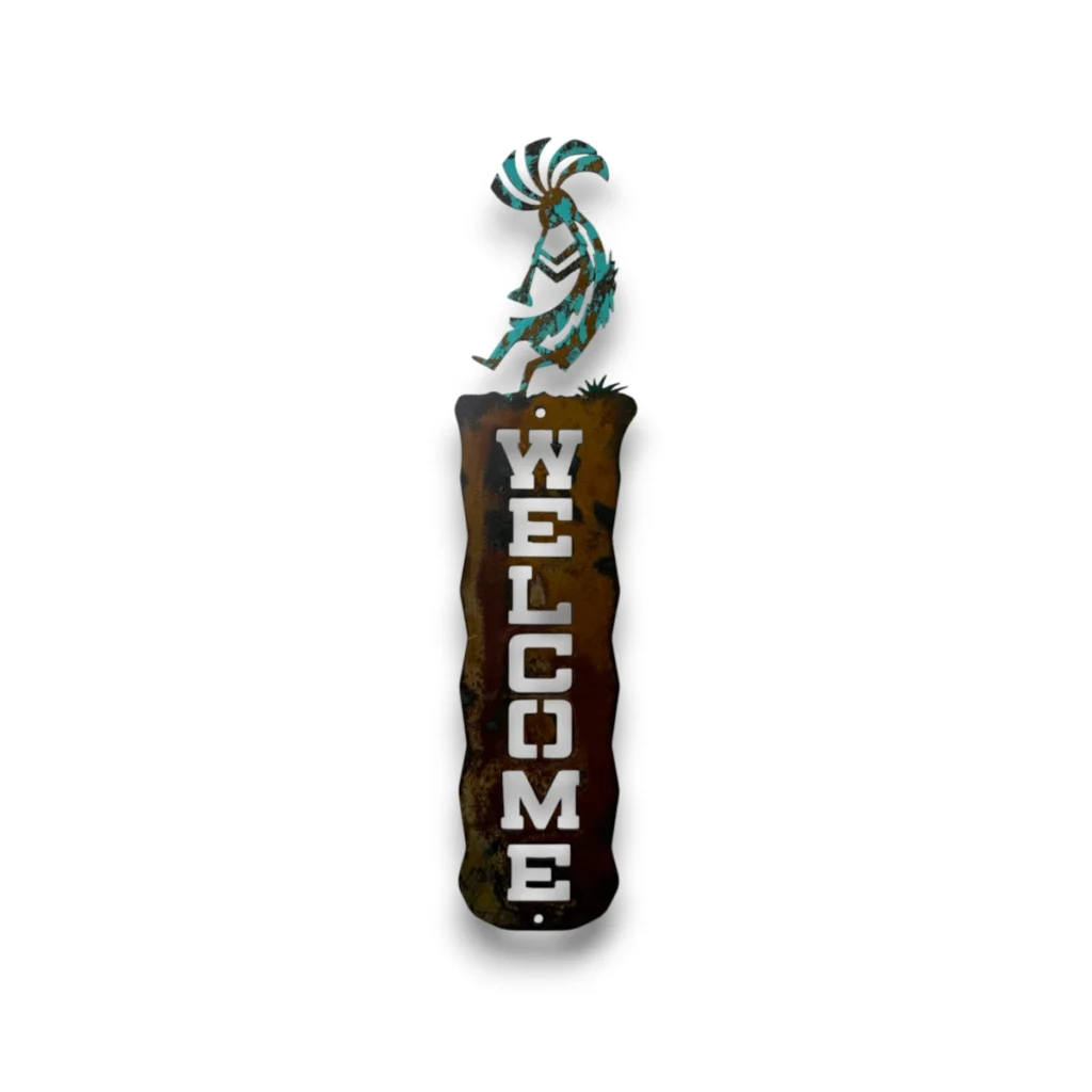 Hand-painted vertical metal welcome sign with Kokopelli, rustic weathered finish, and Southwestern western decor style.