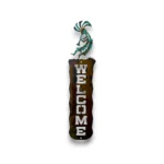 Hand-painted vertical metal welcome sign with Kokopelli, rustic weathered finish, and Southwestern western decor style.
