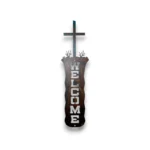 Hand-painted vertical metal welcome sign with turquoise cross, rustic weathered finish, and faith-inspired western decor style.