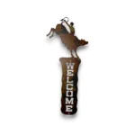 Hand-painted vertical metal welcome sign with bull rider, rustic weathered finish, and western rodeo ranch decor style.