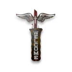 Hand-painted vertical metal welcome sign with wings, red cross, rustic weathered finish, and faith-inspired western decor style.