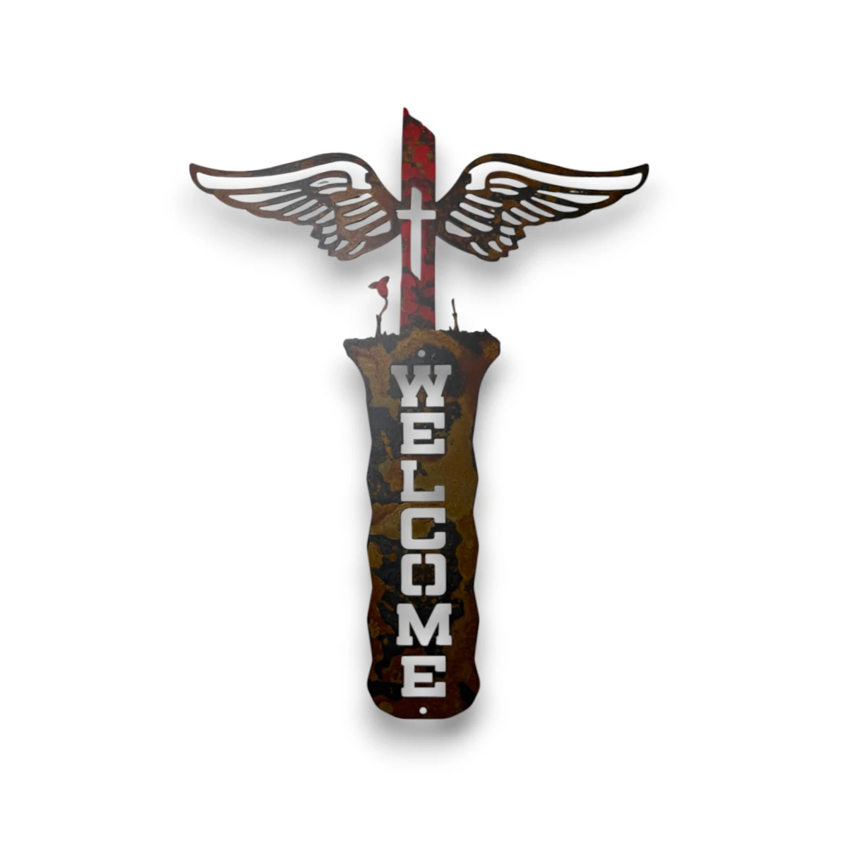 metal-wall-art-design-1273-vertical-welcome-wings-red Hand-painted vertical metal welcome sign with wings, red cross, rustic weathered finish, and faith-inspired western decor style.