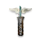 Hand-painted vertical metal welcome sign with silver wings, cross, rustic weathered finish, and faith-inspired western decor.