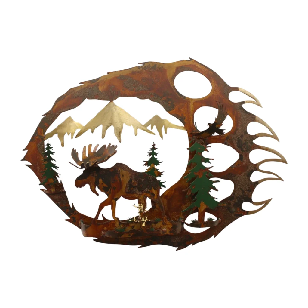 3D hand-painted moose metal wall art with bear paw frame, mountain scene, pine trees, and rustic cabin lodge decor style.