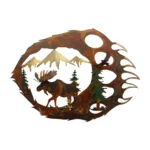 3D hand-painted moose metal wall art with bear paw frame, mountain scene, pine trees, and rustic cabin lodge decor style.