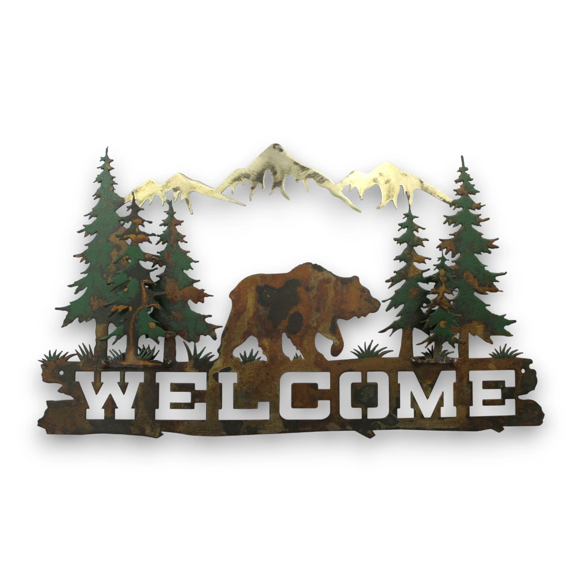 metal-wall-art-design-1310-welcome-scene-grizzly-bear Hand-painted grizzly bear welcome metal wall art with pine trees, mountains, rustic weathered finish, and cabin lodge decor style.