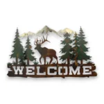 Hand-painted elk welcome metal wall art with pine trees, mountains, rustic weathered finish, and cabin lodge decor style.
