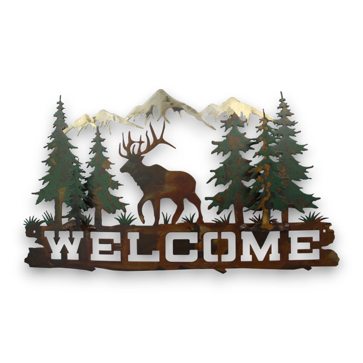 metal-wall-art-design-1312-welcome-scene-elk Hand-painted elk welcome metal wall art with pine trees, mountains, rustic weathered finish, and cabin lodge decor style.