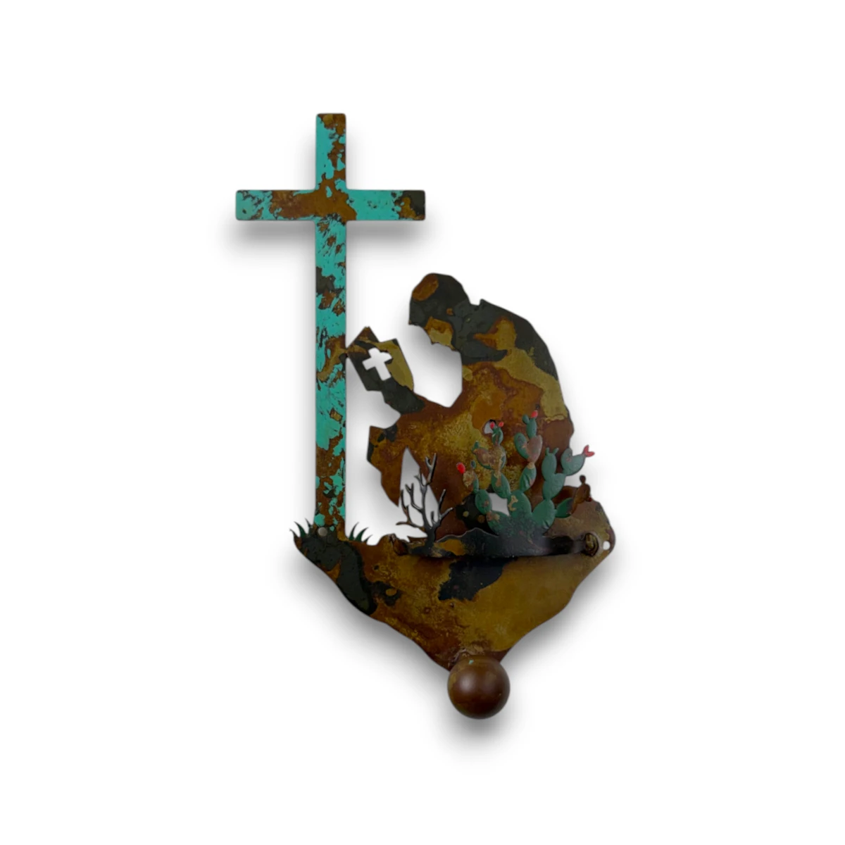 metal-wall-art-design-324L-single-coat-hook-praying-cowboy-turquoise Hand-painted praying cowboy metal coat hook with turquoise cross, cactus detail, rustic finish, and faith-inspired western decor.