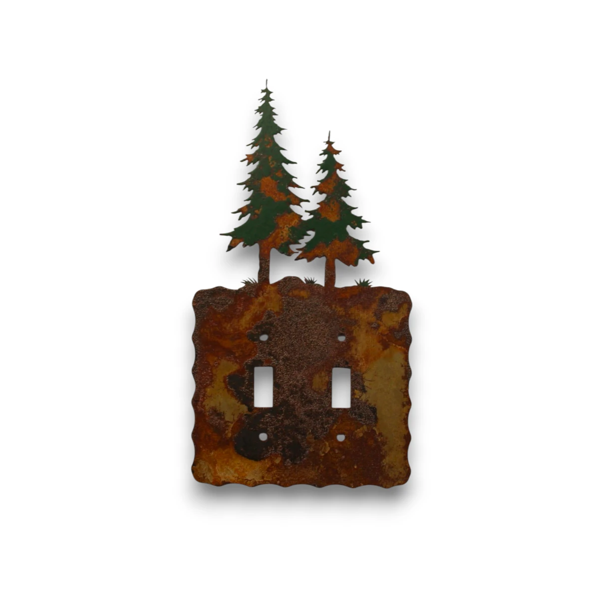 Hand-painted pine tree double toggle light switch cover with rustic weathered finish and woodland cabin decor style.