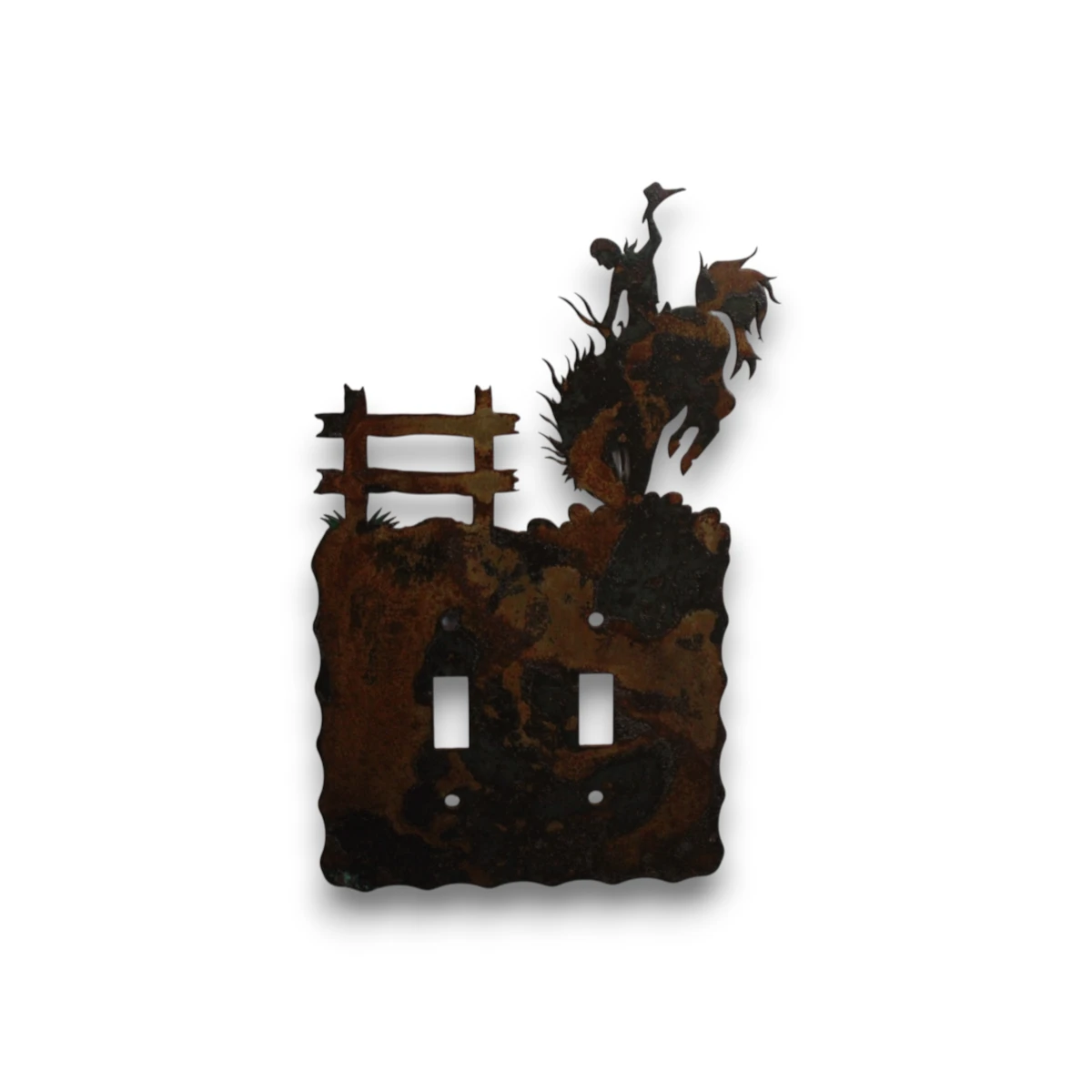 Hand-painted double toggle metal light switch cover with bronc rider, fence detail, rustic finish, and western rodeo decor style.