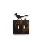 Hand-painted double toggle metal light switch cover with roadrunner, rustic weathered finish, and Southwestern western decor style.