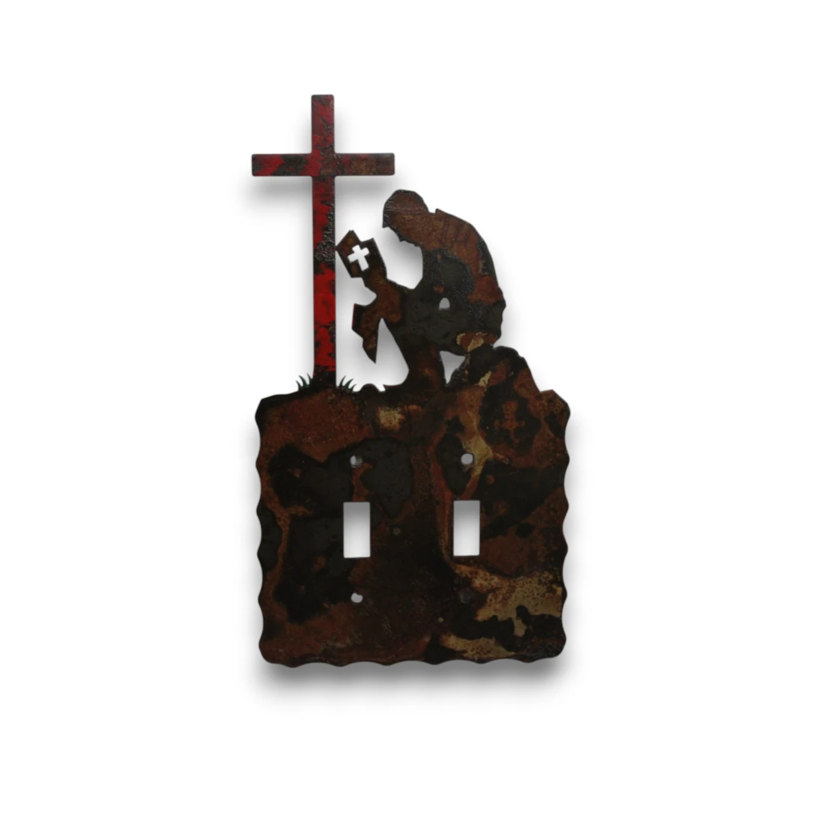 Hand-painted double toggle metal light switch cover with praying cowboy, red cross, rustic western finish, and faith-inspired decor style.