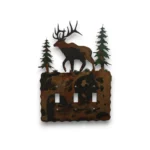 Hand-painted metal triple toggle light switch cover with bull elk, evergreen trees, rustic finish, and western cabin decor style.