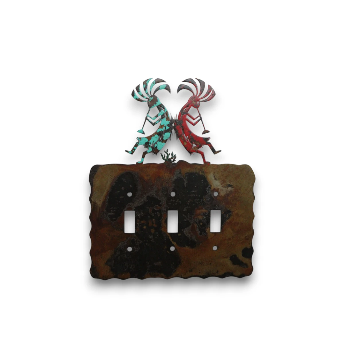 Hand-painted triple toggle metal light switch cover with turquoise Kokopelli figures and rustic Southwestern decor style.
