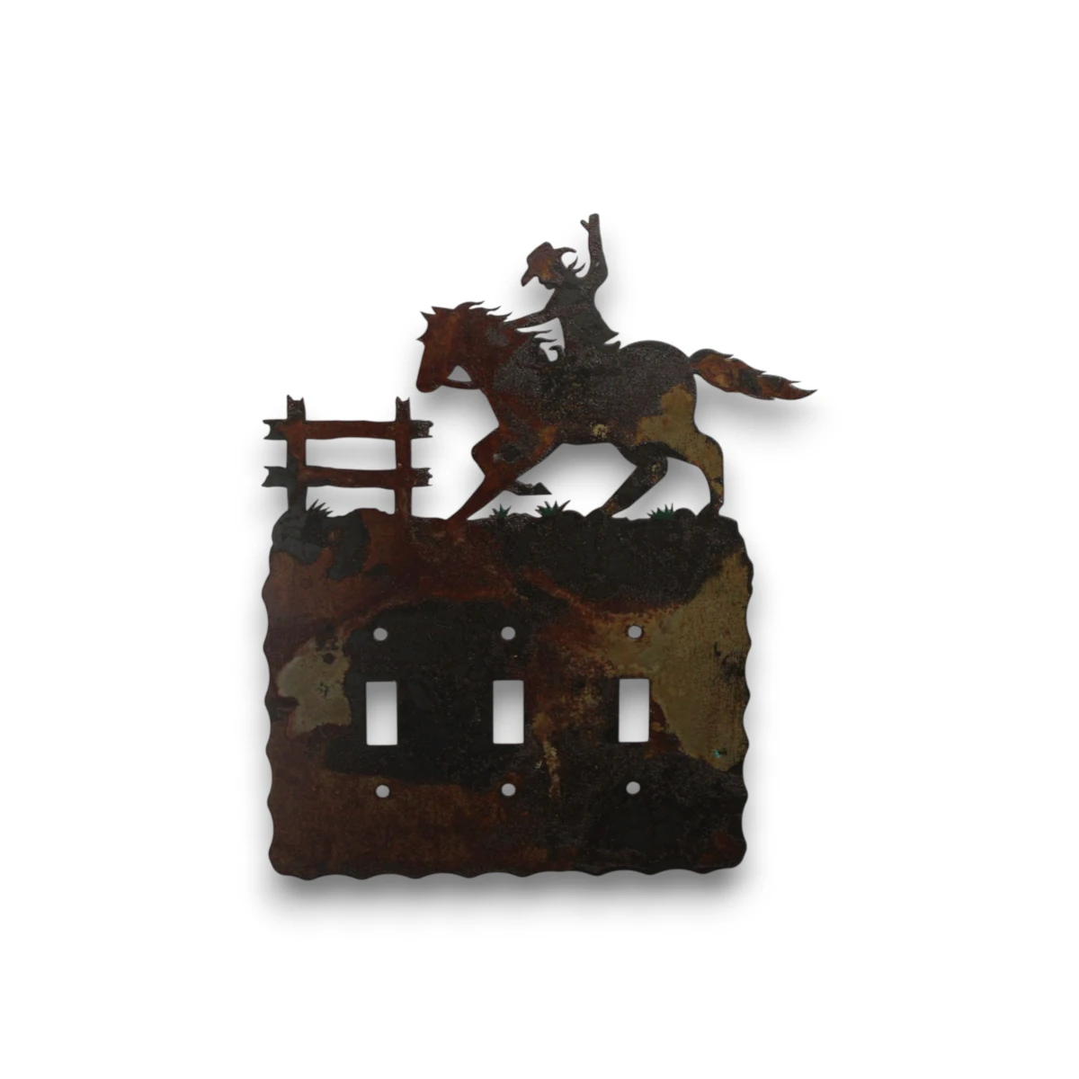 Hand painted triple toggle metal light switch cover featuring a cowboy riding horseback in a western scene.