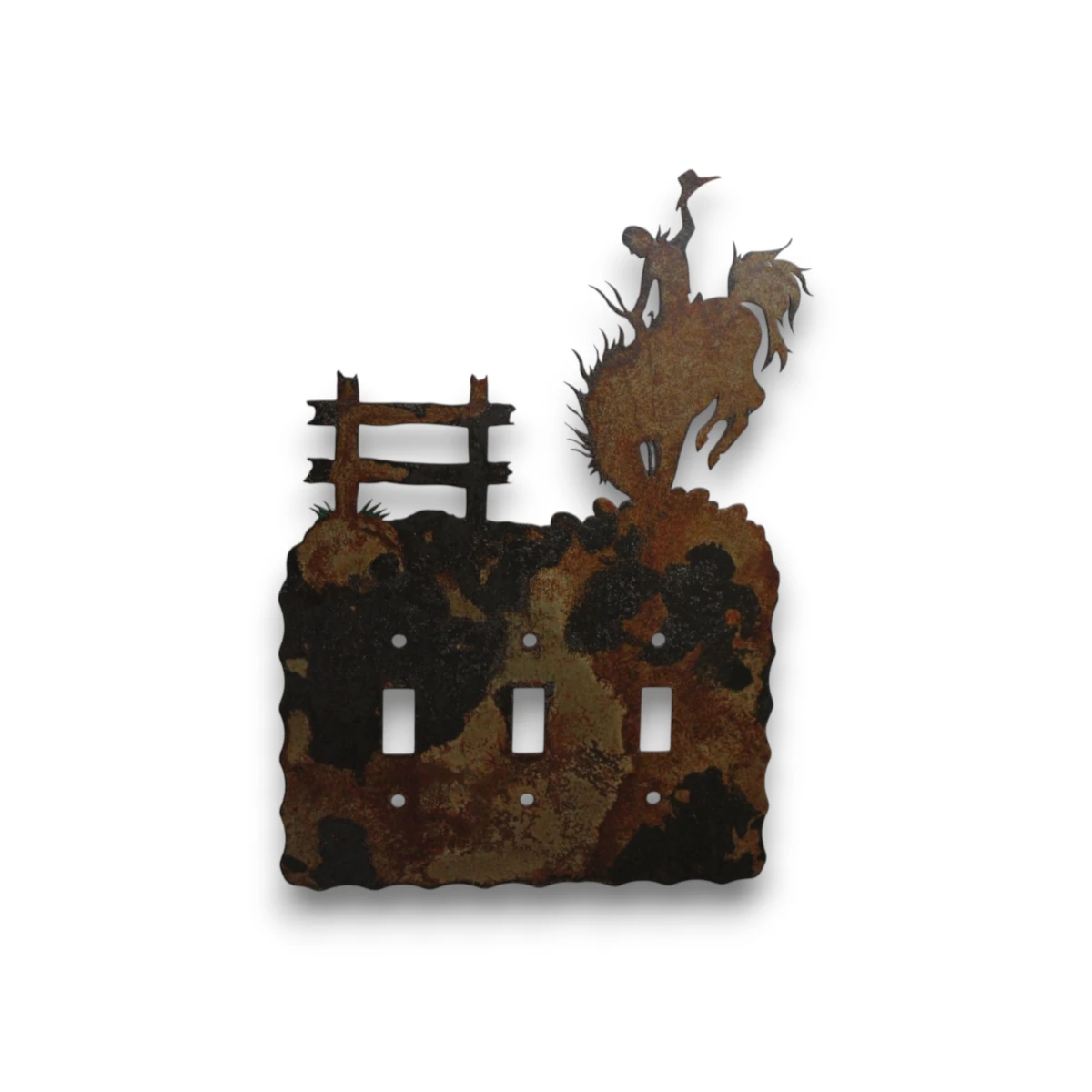 Hand painted triple toggle metal light switch cover featuring a bucking bronc and cowboy rider.