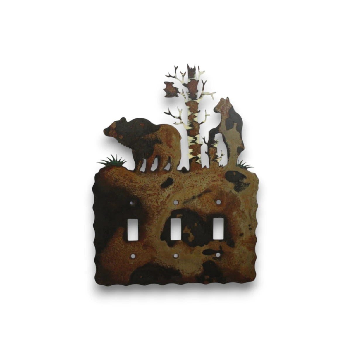 Hand painted triple toggle metal light switch cover featuring a bear with cubs beside rustic aspen trees.