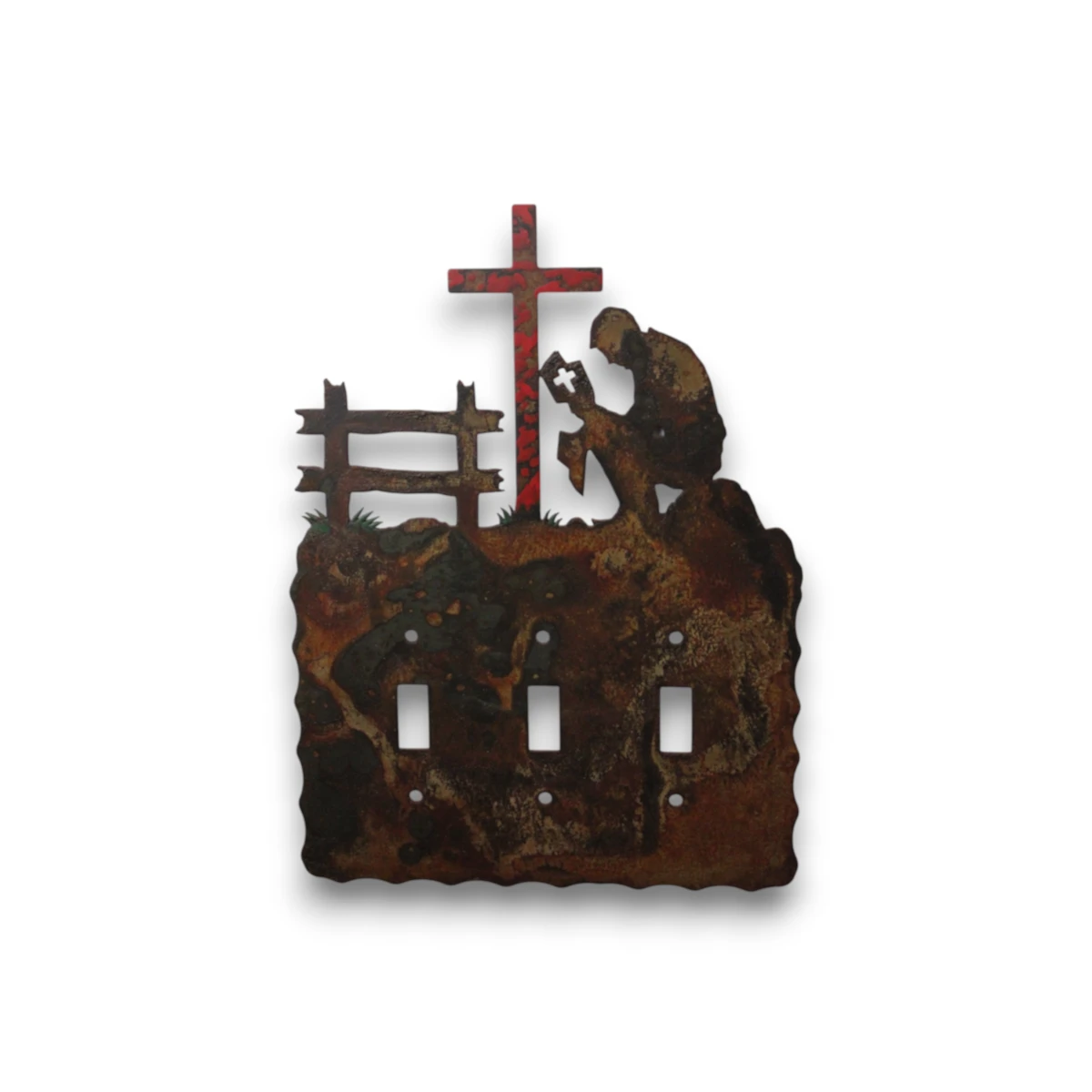 Hand painted triple toggle metal light switch cover featuring a praying cowboy beside a cross.