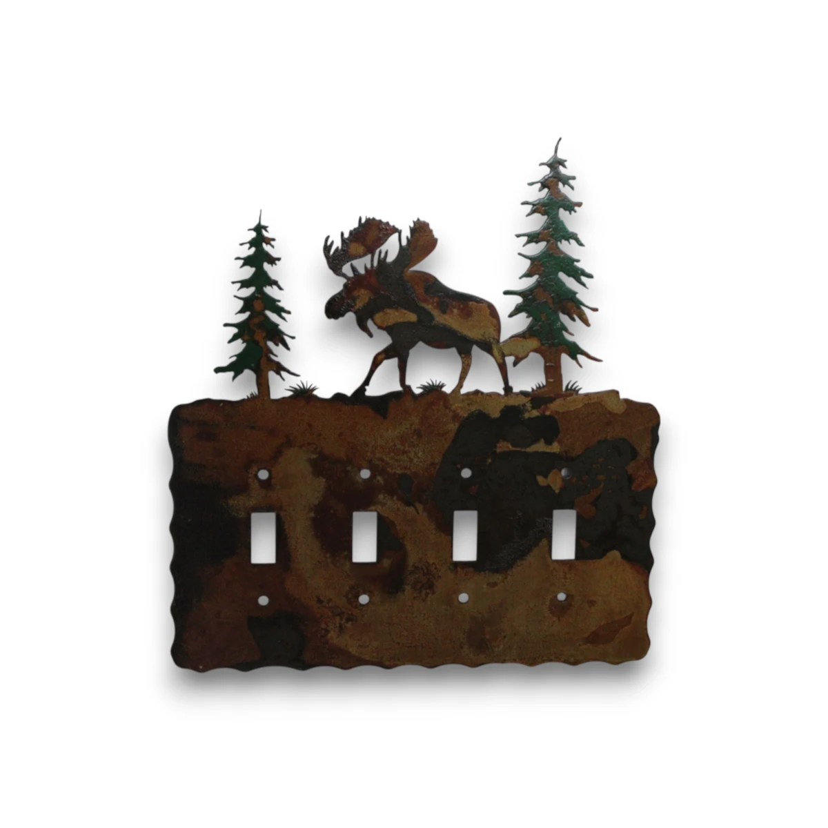 Hand painted quad toggle metal light switch cover featuring a moose walking among pine trees.