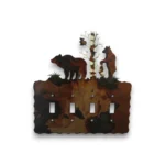 Hand painted quad toggle metal light switch cover featuring two bears and rustic aspen trees.