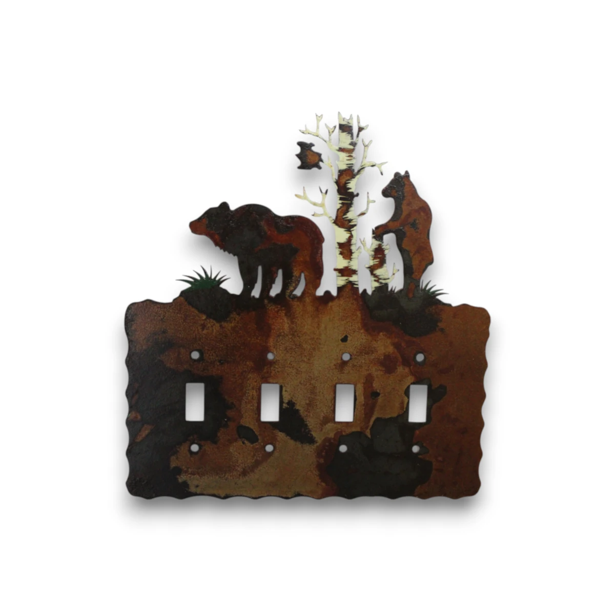 Hand painted quad toggle metal light switch cover featuring two bears and rustic aspen trees.