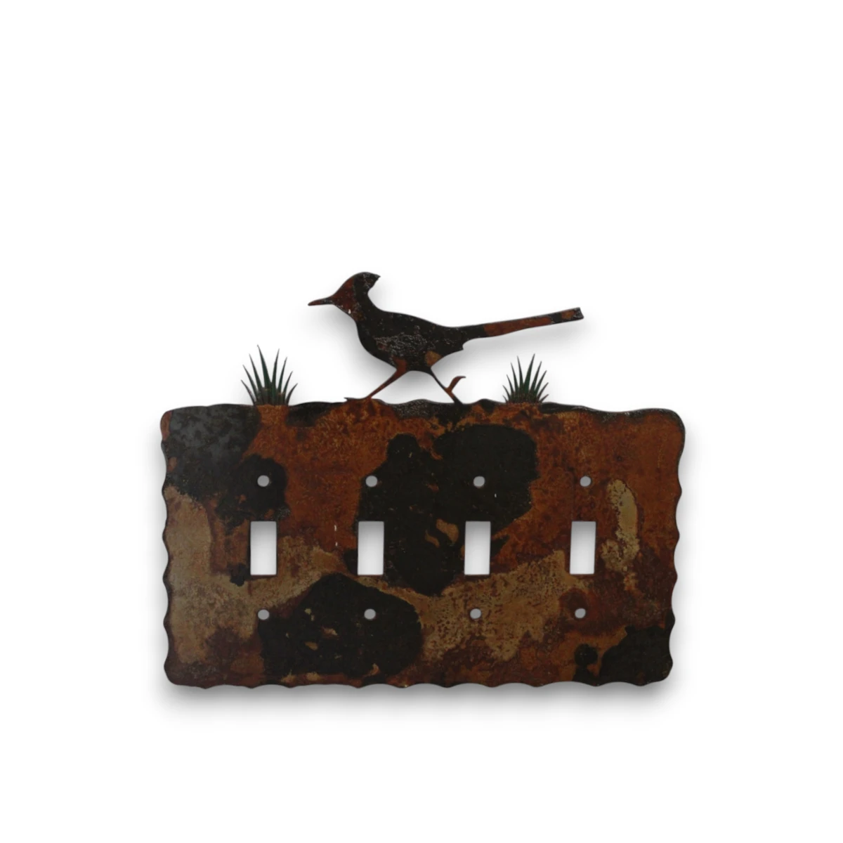 Hand painted quad toggle metal light switch cover featuring a rustic roadrunner silhouette.