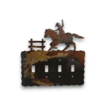 Hand painted quad toggle metal light switch cover featuring a cowboy riding horseback in a western scene.