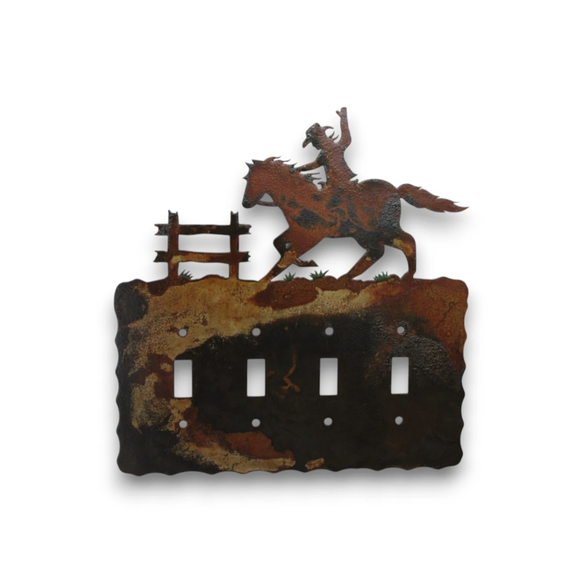Hand painted quad toggle metal light switch cover featuring a cowboy riding horseback in a western scene.