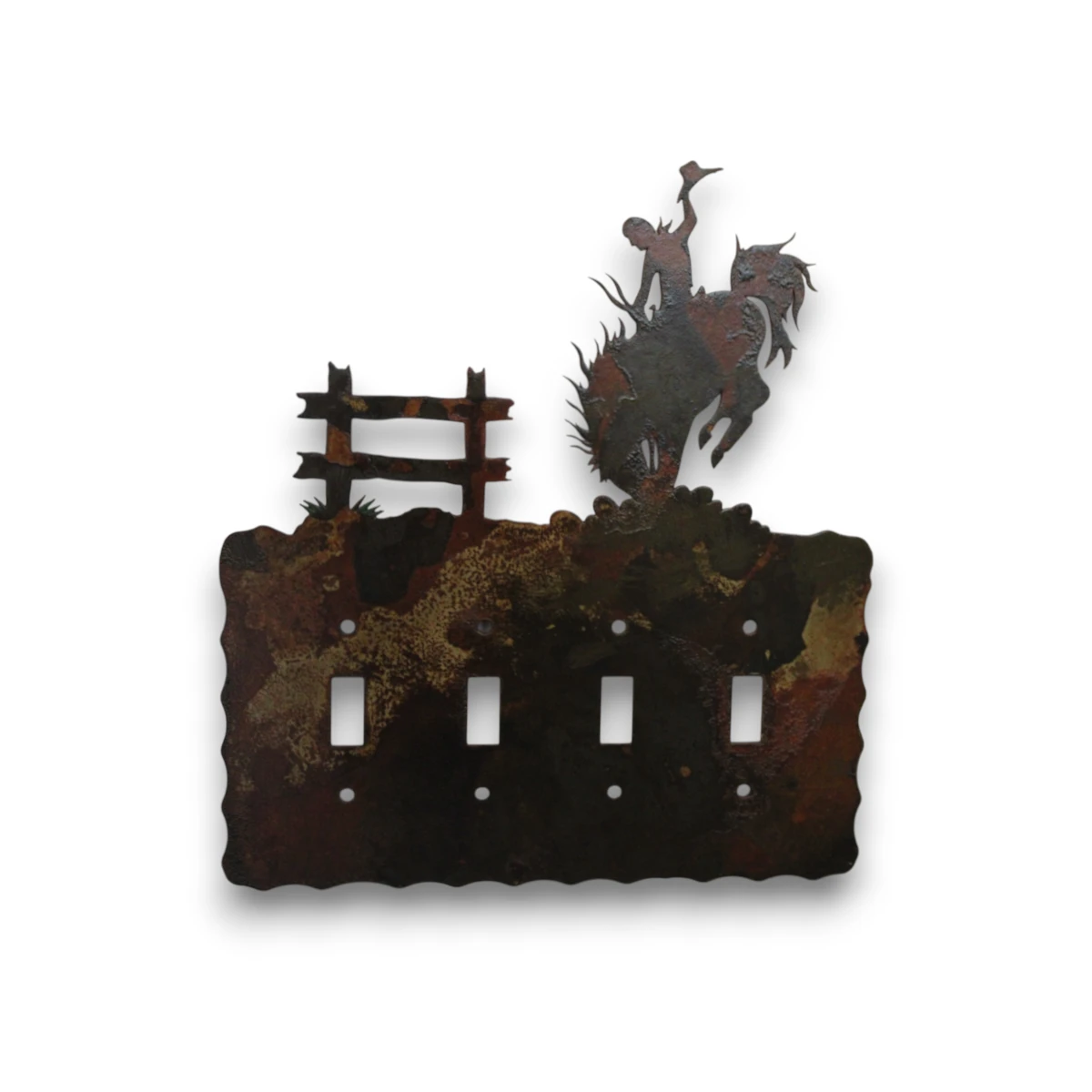 Hand painted quad toggle metal light switch cover featuring a bucking bronc and cowboy rider.