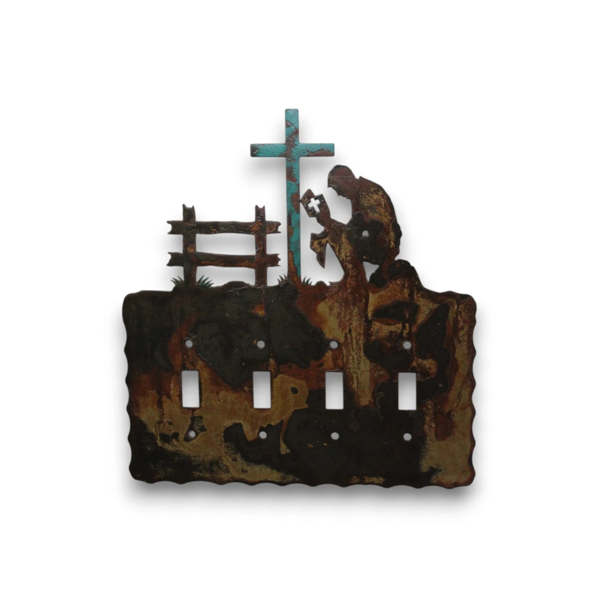Hand painted quad toggle metal light switch cover featuring a praying cowboy beside a turquoise cross.