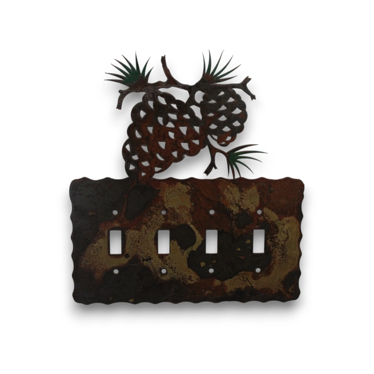 Hand painted quad toggle metal light switch cover featuring pine cones and rustic evergreen branches.