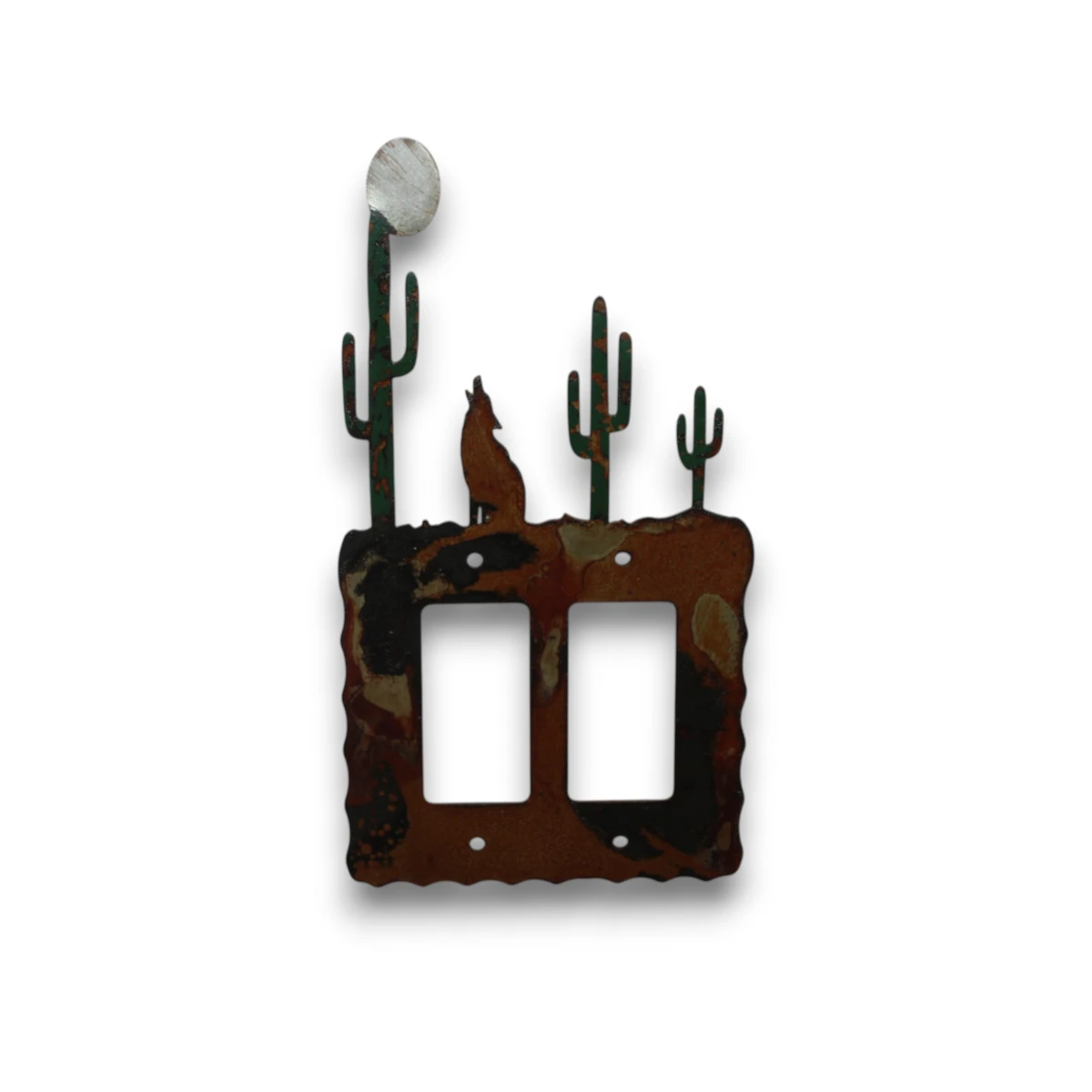 Hand painted double rocker metal light switch cover featuring a howling wolf, moon, and desert cactus scene.