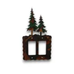 Hand painted double rocker metal light switch cover featuring two rustic pine trees.