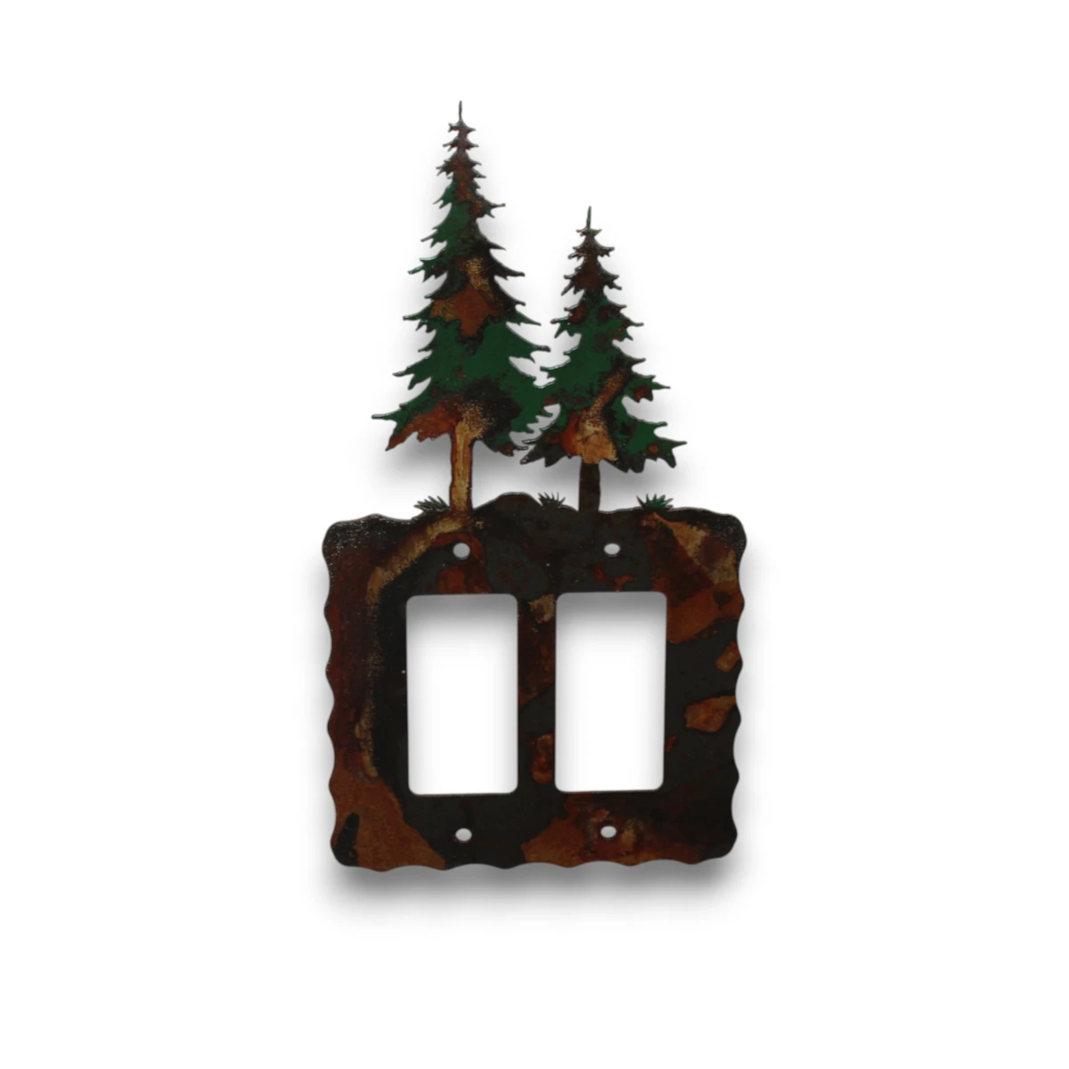 Hand painted double rocker metal light switch cover featuring two rustic pine trees.